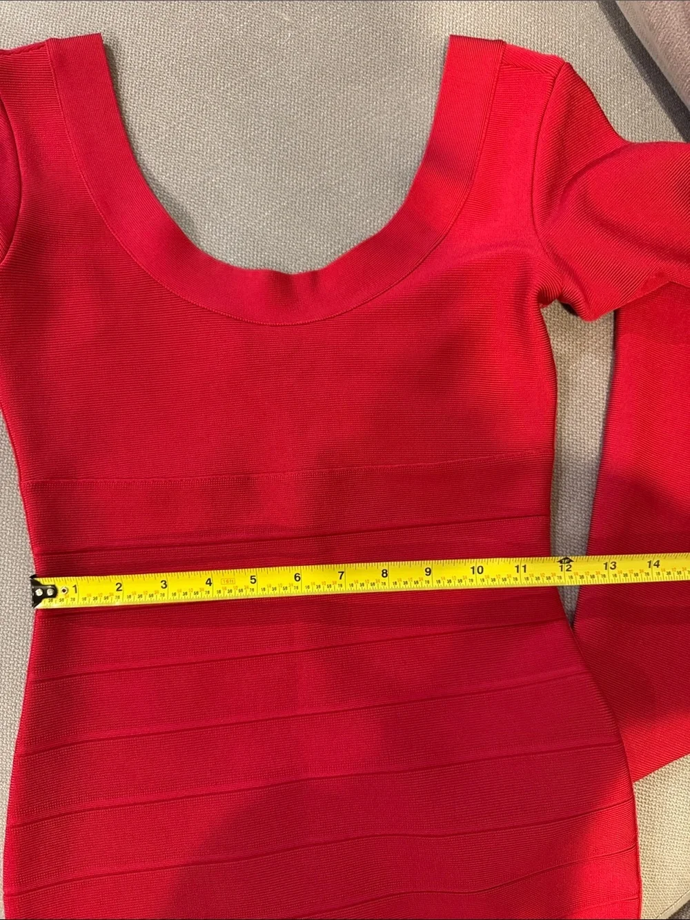 Herve Leger Paris Raspberry Red Long Sleeve Striped Scoop Neck Dress M